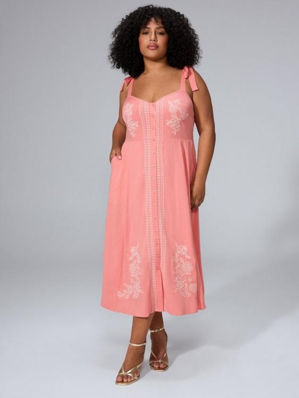 torrid Coral-Pink Embroidered Tie-Shoulder Midi Dress